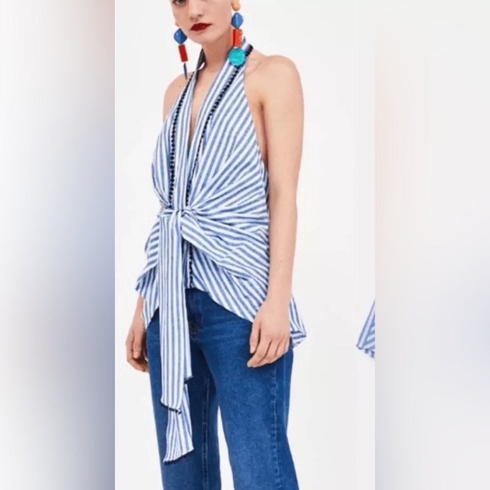 Zara Blue and White Striped Tie-Front Halter Tank